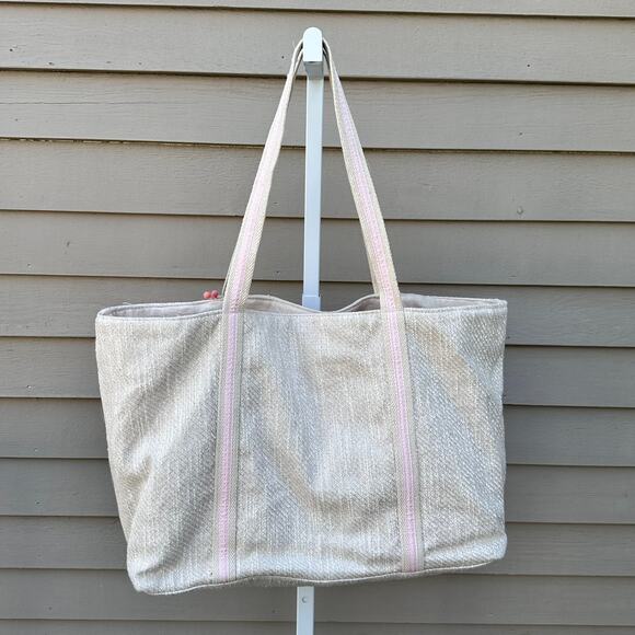 America and Beyond ROSE ALL DAY Tan Pink Large Tote Shoulder Beach Bag New - Picture 12 of 16